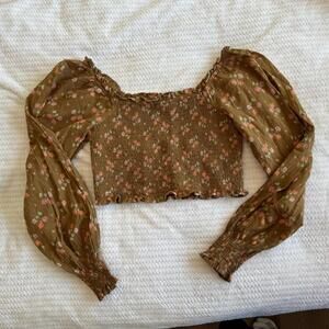 Aerie Olive Floral Puff Sleeve Crop Top